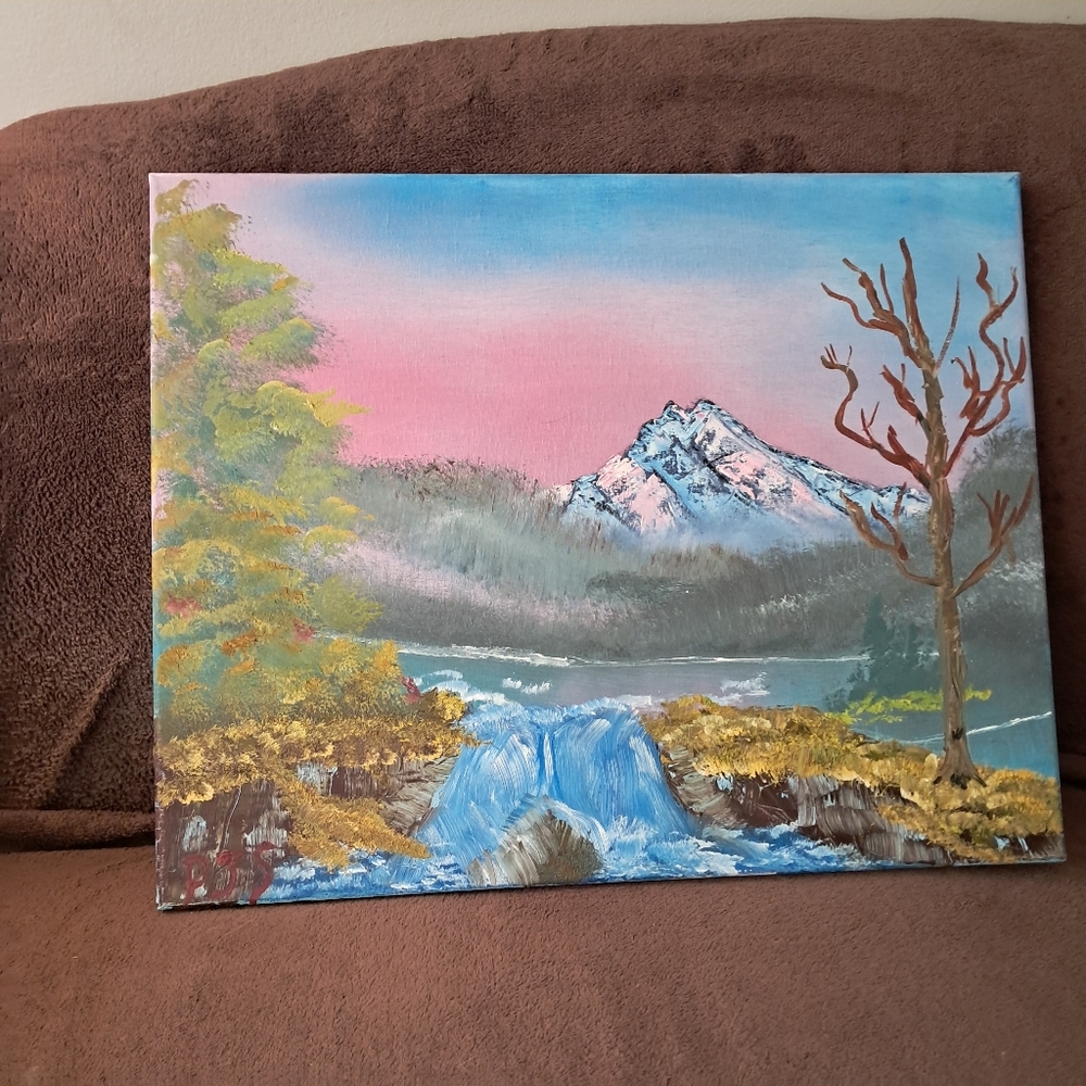 Bob Ross Inspired Fall Season Waterfall Pink Sunrise Oil Canvas Hand Painted